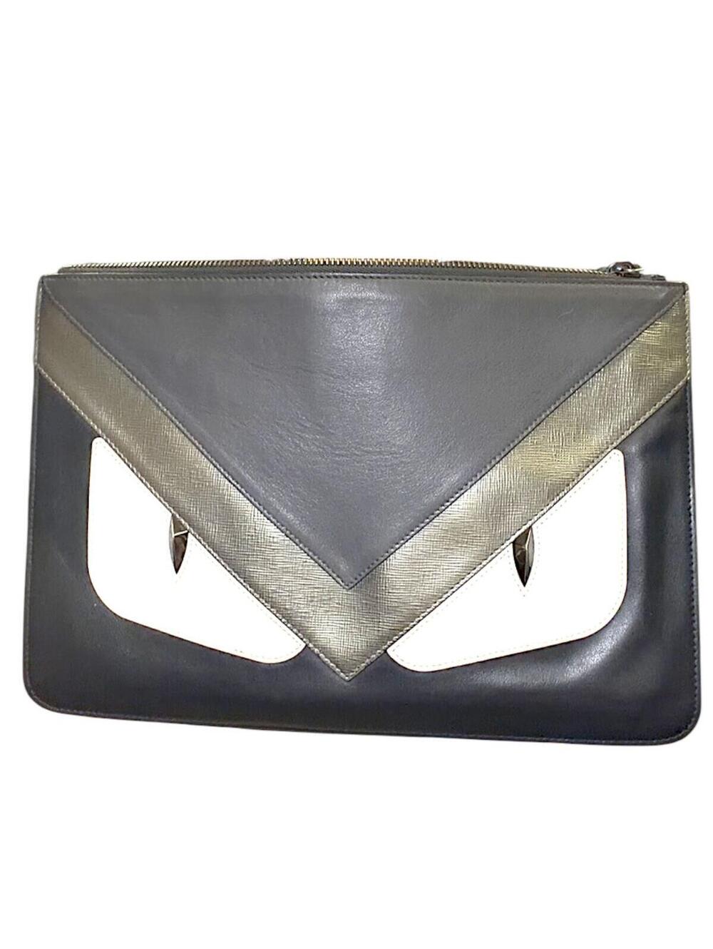 Fendi Black Leather Clutch Bag with Silver and Gray Eye Detail